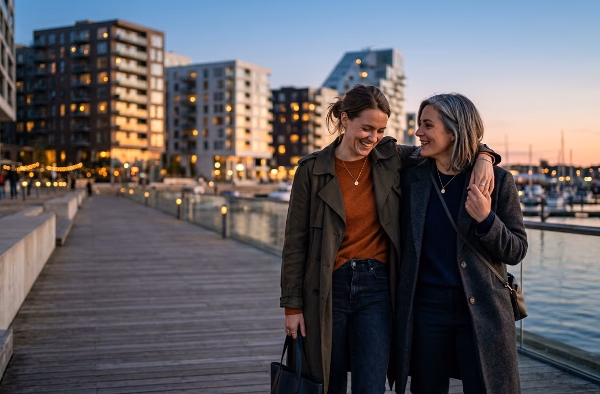 Una coppia vicina sul moderno lungomare di Aarhus Ø all'imbrunire