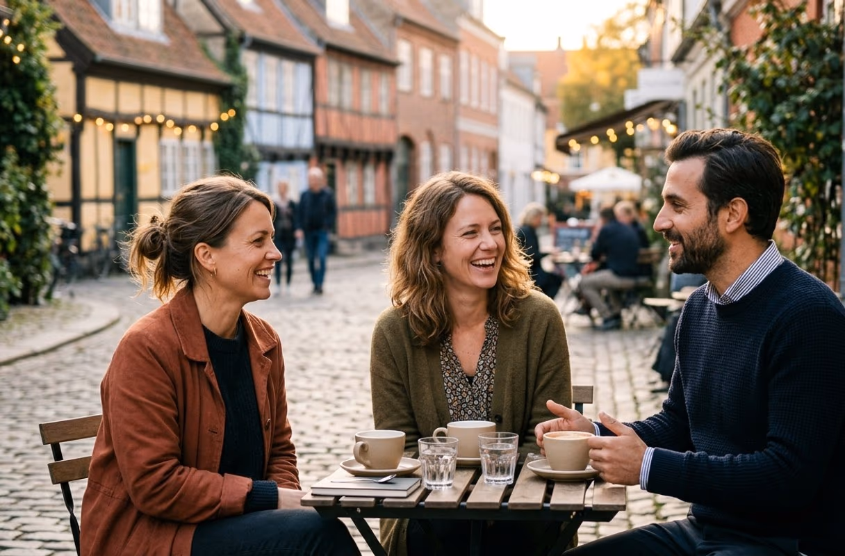 Tre persone che chiacchierano davanti a un caffè nel Quartiere Latino di Aarhus