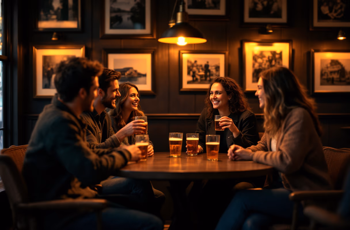 Vier mensen in gesprek bij een drankje in een gezellige Amsterdamse bruine kroeg in de avond