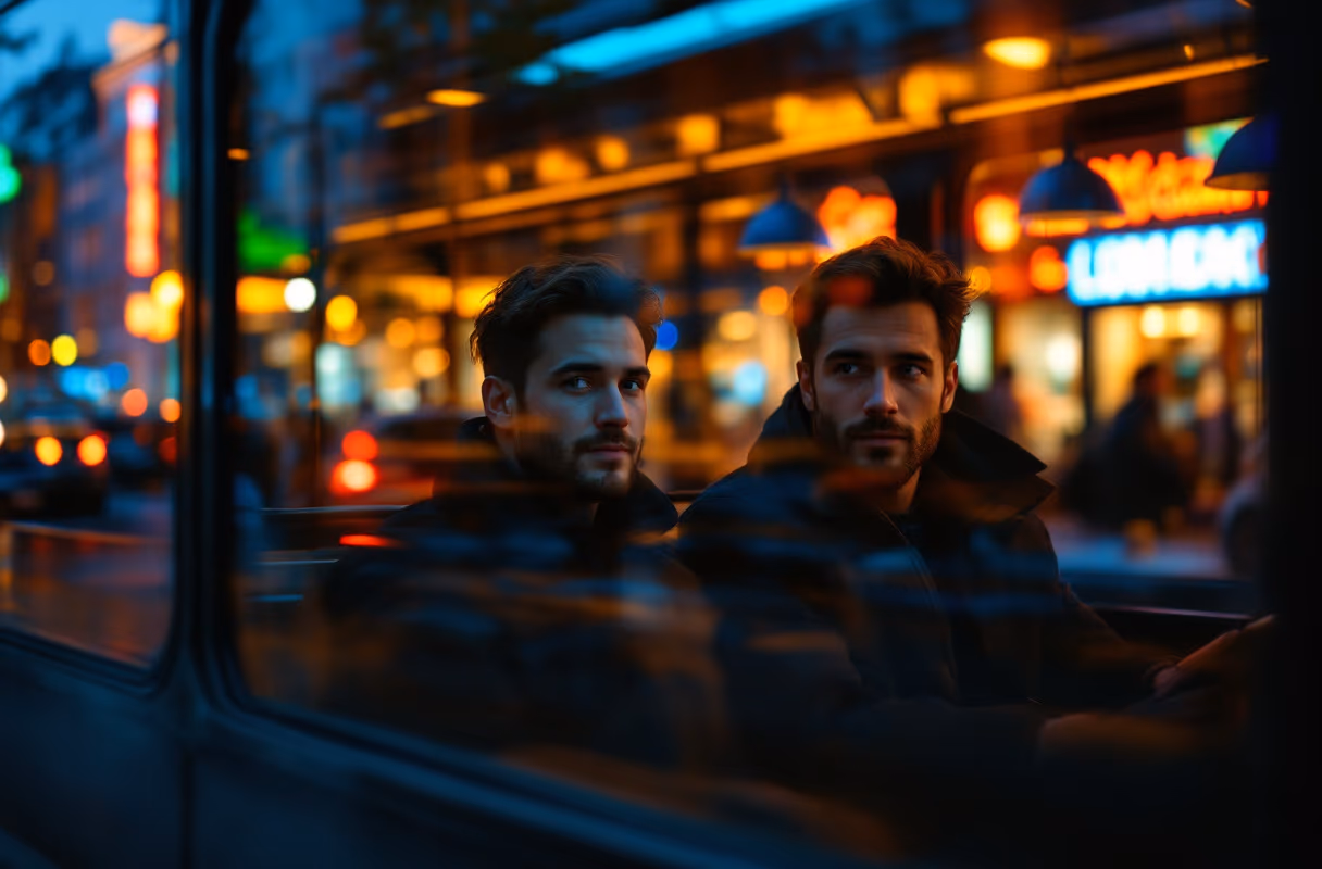 Een stel deelt een rustig moment in een Amsterdamse tram 's nachts, met neonreflecties in het raam