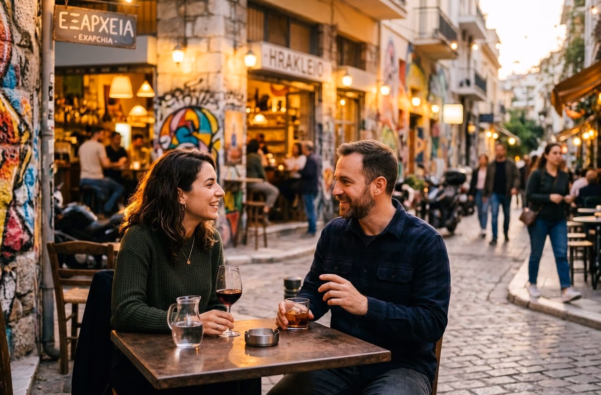 Una coppia in conversazione al tavolino di un piccolo bar in una strada di Exarchia coperta di graffiti, ad Atene
