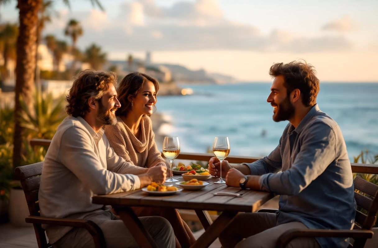 A couple and a man at a seaside terrace in Barceloneta in Barcelona at sunset