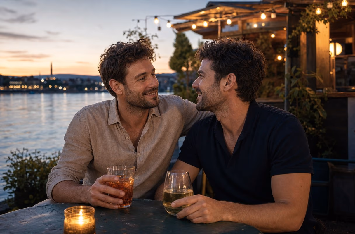 Eine Kleinbasler Buvette — das entspannte Ende von Basels offener Szene Zwei Männer im Gespräch bei Drinks an einer Rheinbuvette in Kleinbasel in der Dämmerung