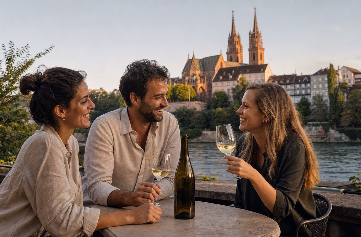 Das Rheinufer unterhalb des Münsters — Basels einfachster gemeinsamer Nenner Drei Menschen teilen sich eine Flasche Wein auf einer Rheinterrasse, gegenüber das Basler Münster