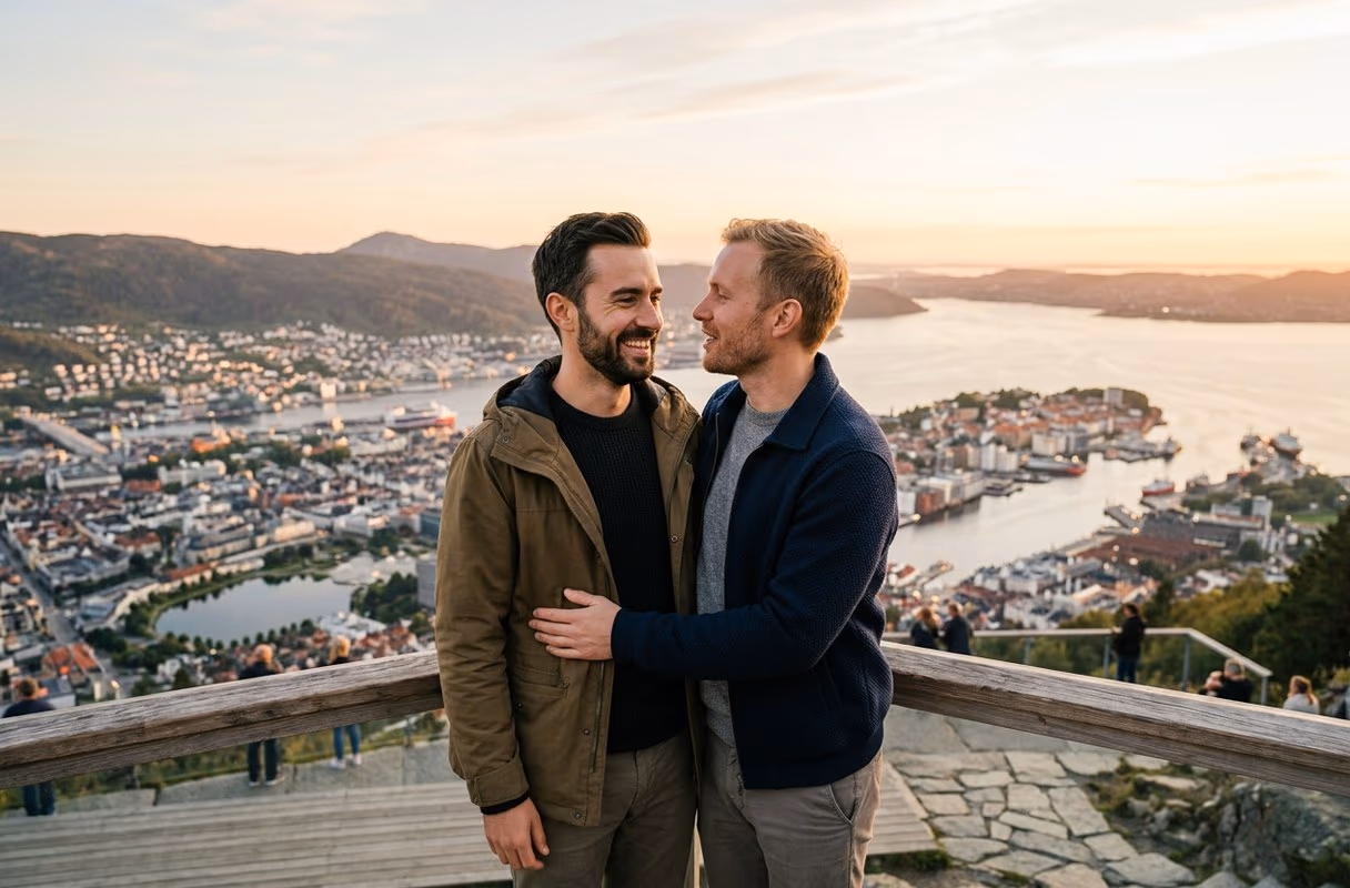Der Blick vom Fløyen — Bergen zwischen seinen Bergen und dem Meer Ein Paar blickt an einem klaren Abend vom Aussichtspunkt Fløyen über Bergen und seinen Hafen