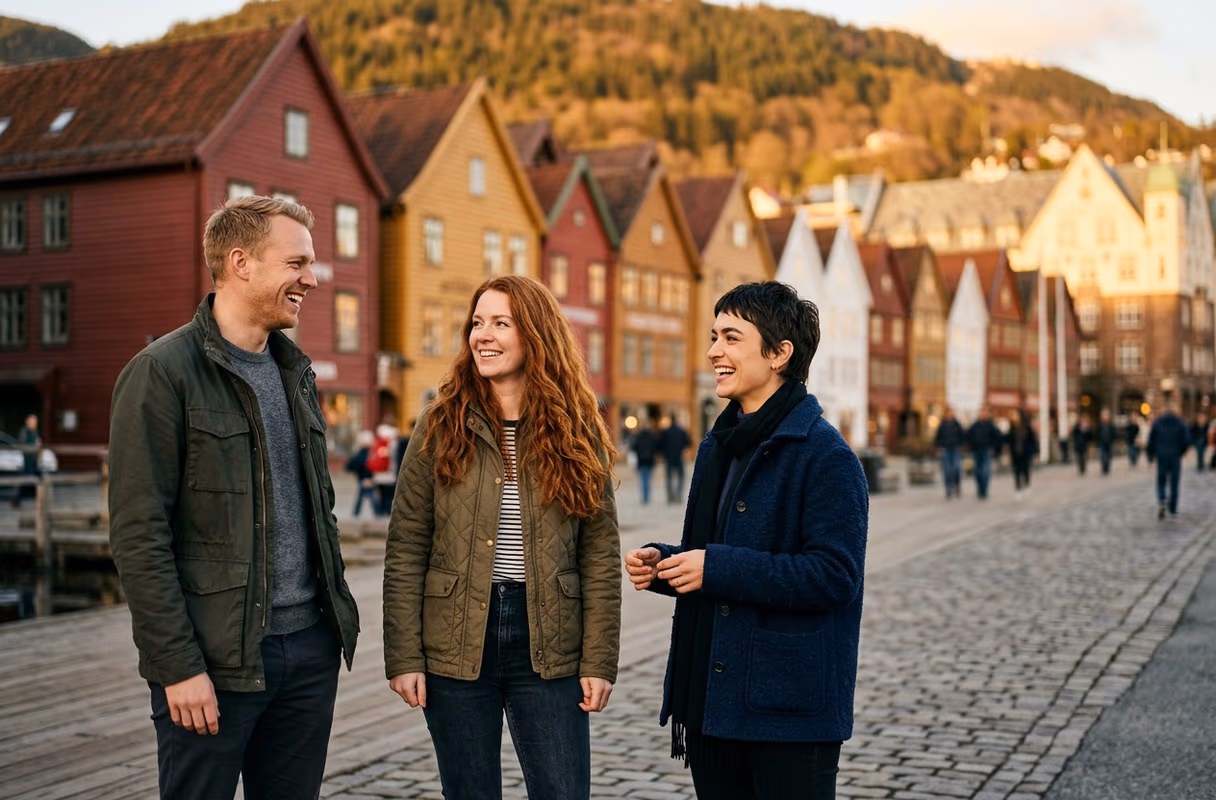 Der Kai Bryggen — Bergens historische, begehbare Uferfront Drei Menschen im Gespräch vor den bunten Holzhäusern des Hansekais Bryggen in Bergen