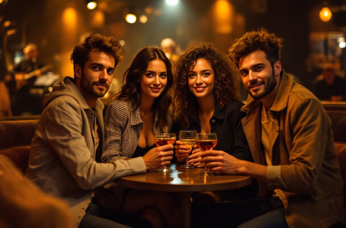 Vier Personen an einem Tisch in einem Jazzclub in Kreuzberg, Berlin