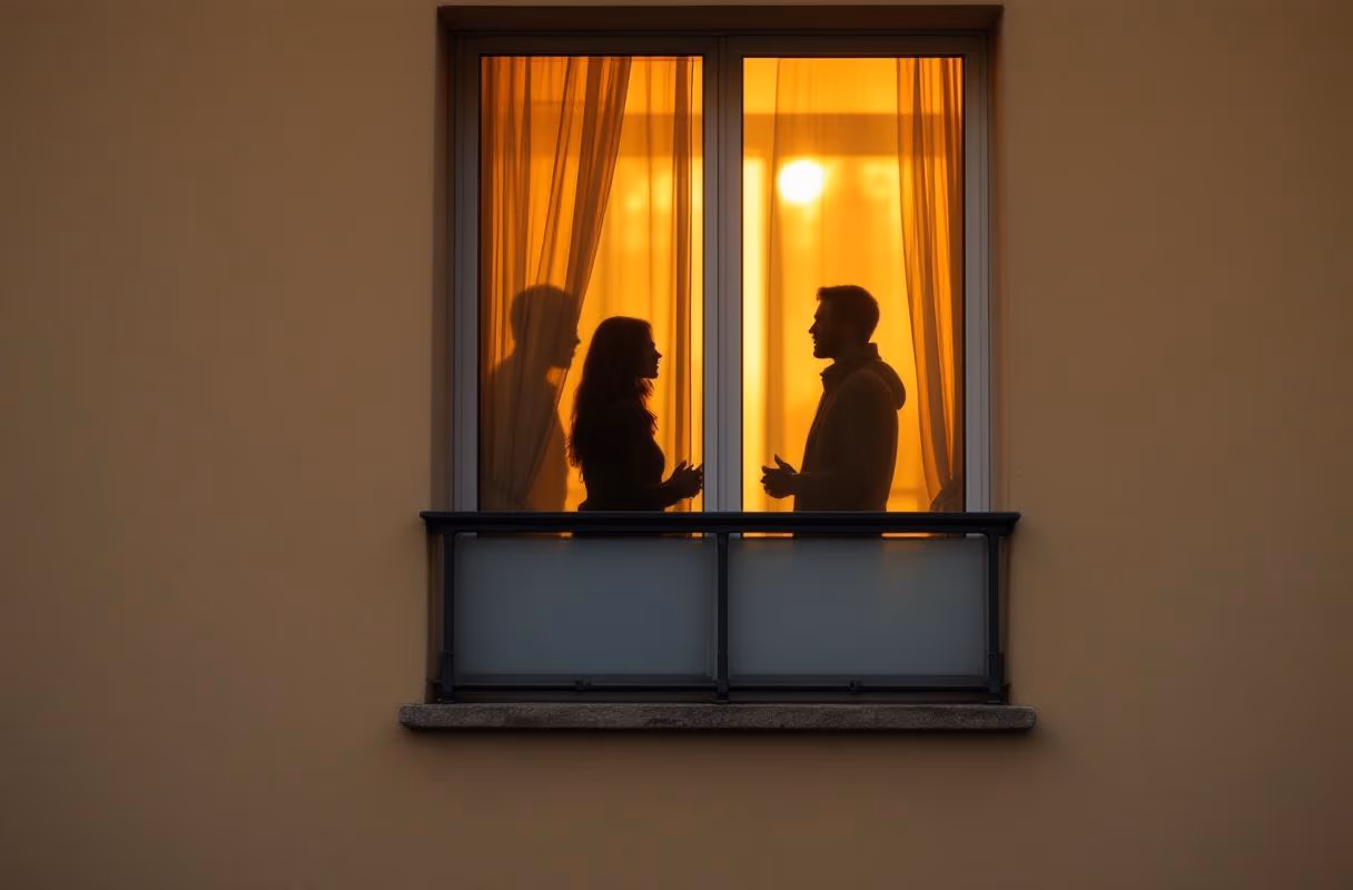 Silhouetten eines Paares und einer dritten Person hinter einer Milchglasbrüstung auf einem Berliner Balkon bei Sonnenuntergang