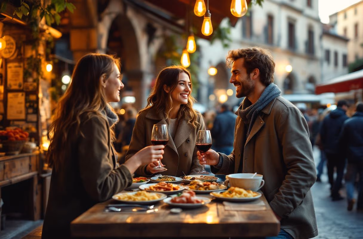 Il mercato del Quadrilatero — il contesto più naturale per un primo incontro rilassato a Bologna Tre persone a un tavolo comune di un mercato gastronomico nel quartiere del Quadrilatero a Bologna