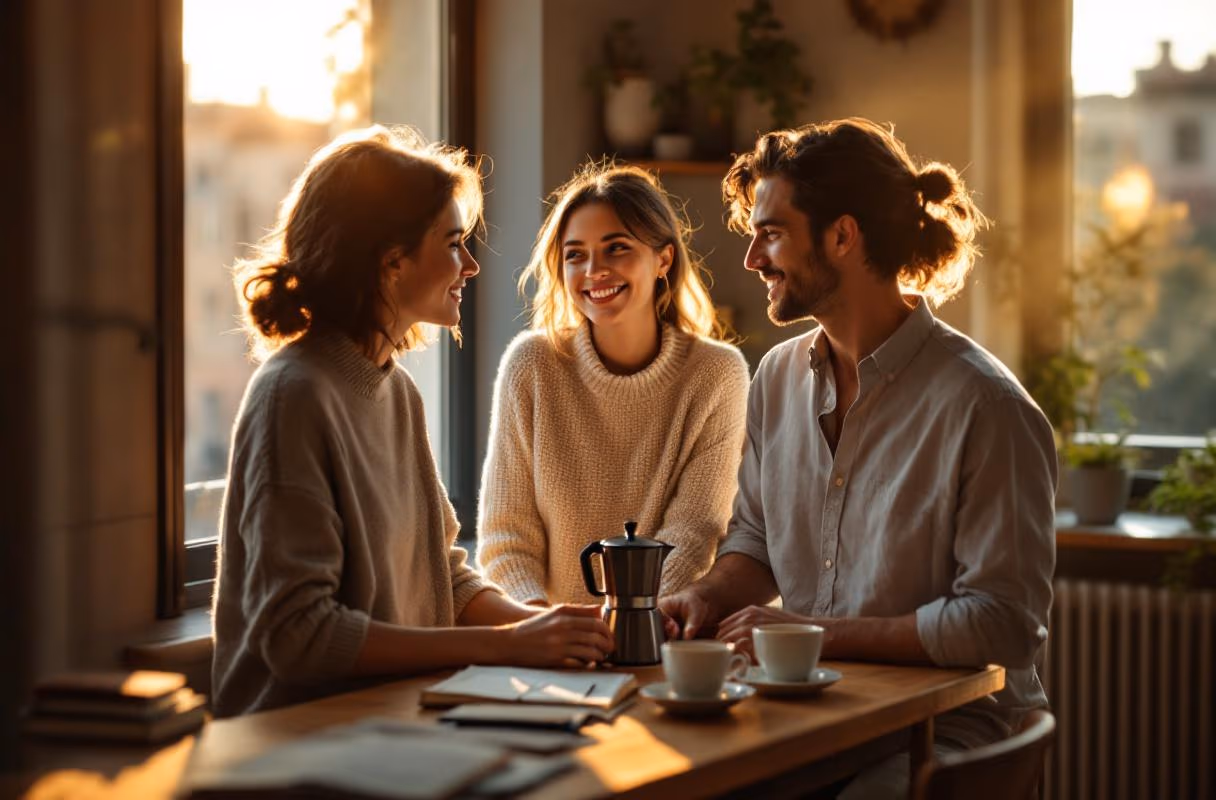 Un appartamento condiviso nella zona universitaria — la scena bolognese ha sempre vissuto vicina alla cultura studentesca Tre persone intorno a un tavolo da cucina in un appartamento del quartiere universitario di Bologna nel tardo pomeriggio