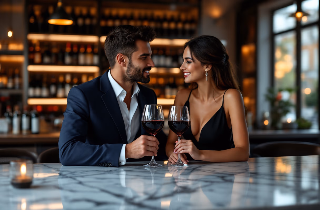 Un bar à vin bordelais — un cadre tranquille pour faire connaissance Un couple au comptoir d'un bar à vin à Bordeaux le soir