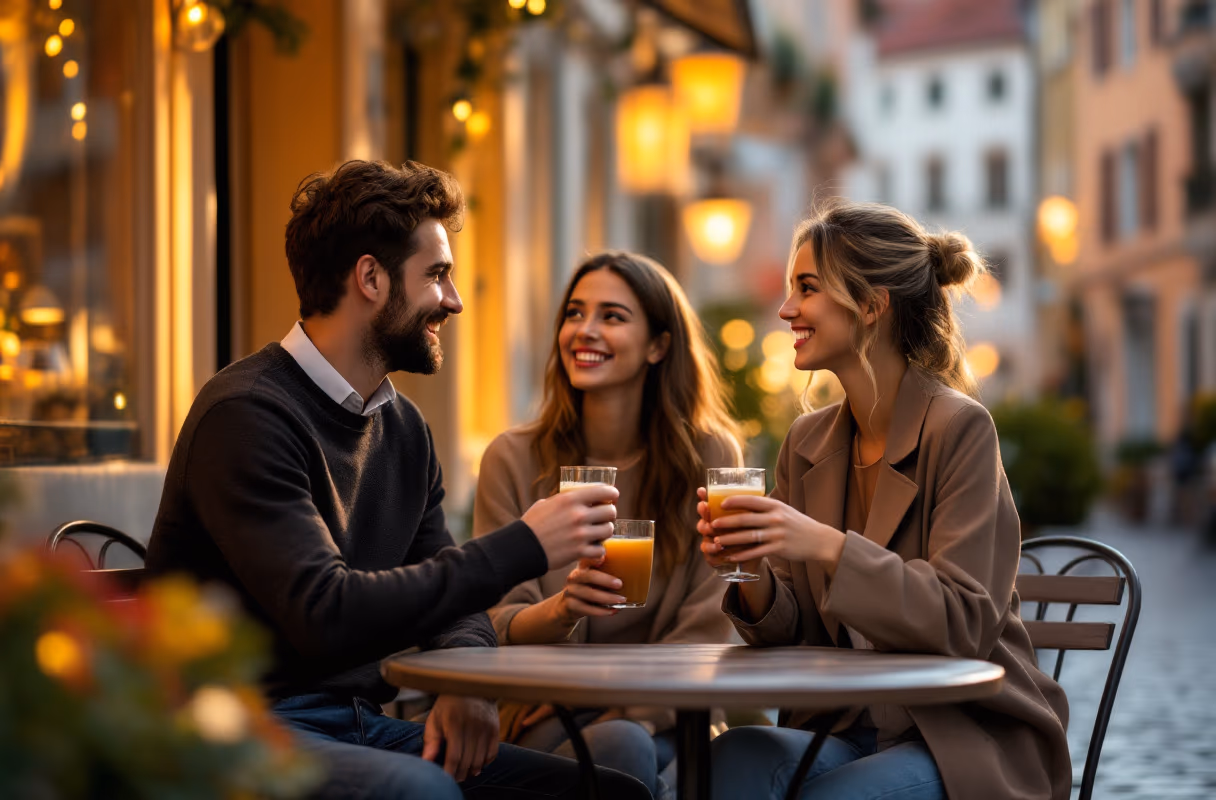 Drei Personen unterhalten sich auf einer Café-Terrasse in der Altstadt von Bratislava zur goldenen Stunde