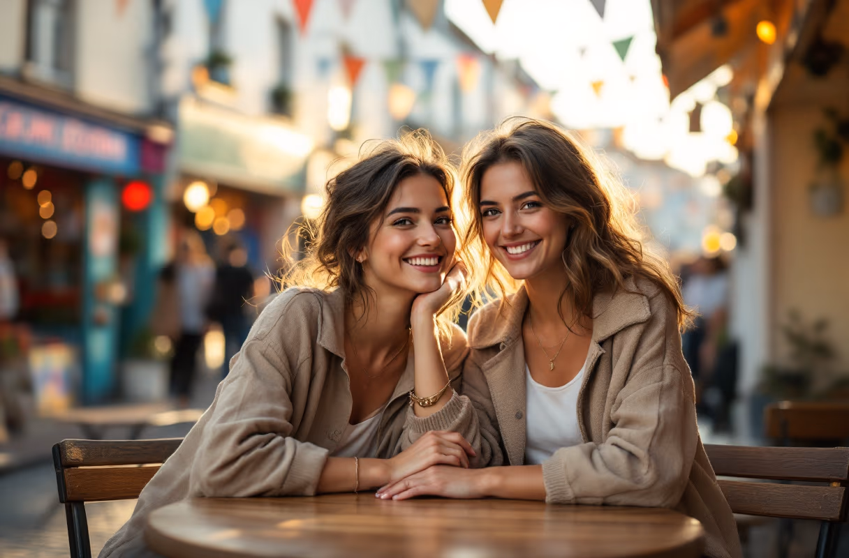 A female couple sharing coffee at a relaxed café in Kemptown, Brighton