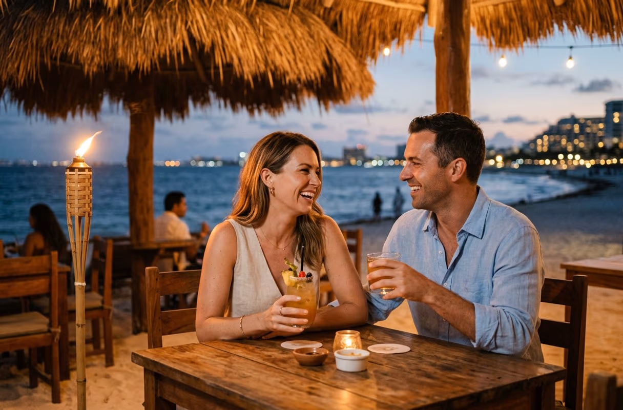 The hotel zone at dusk — a scene that arrives by air A couple with cocktails at a beach bar in Cancún at dusk, hotel lights along the shoreline behind them