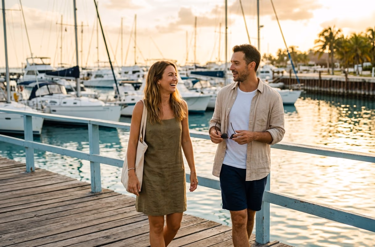 Marina light — five nights, one right conversation Two travellers talking on a marina boardwalk in Cancún in late-afternoon light