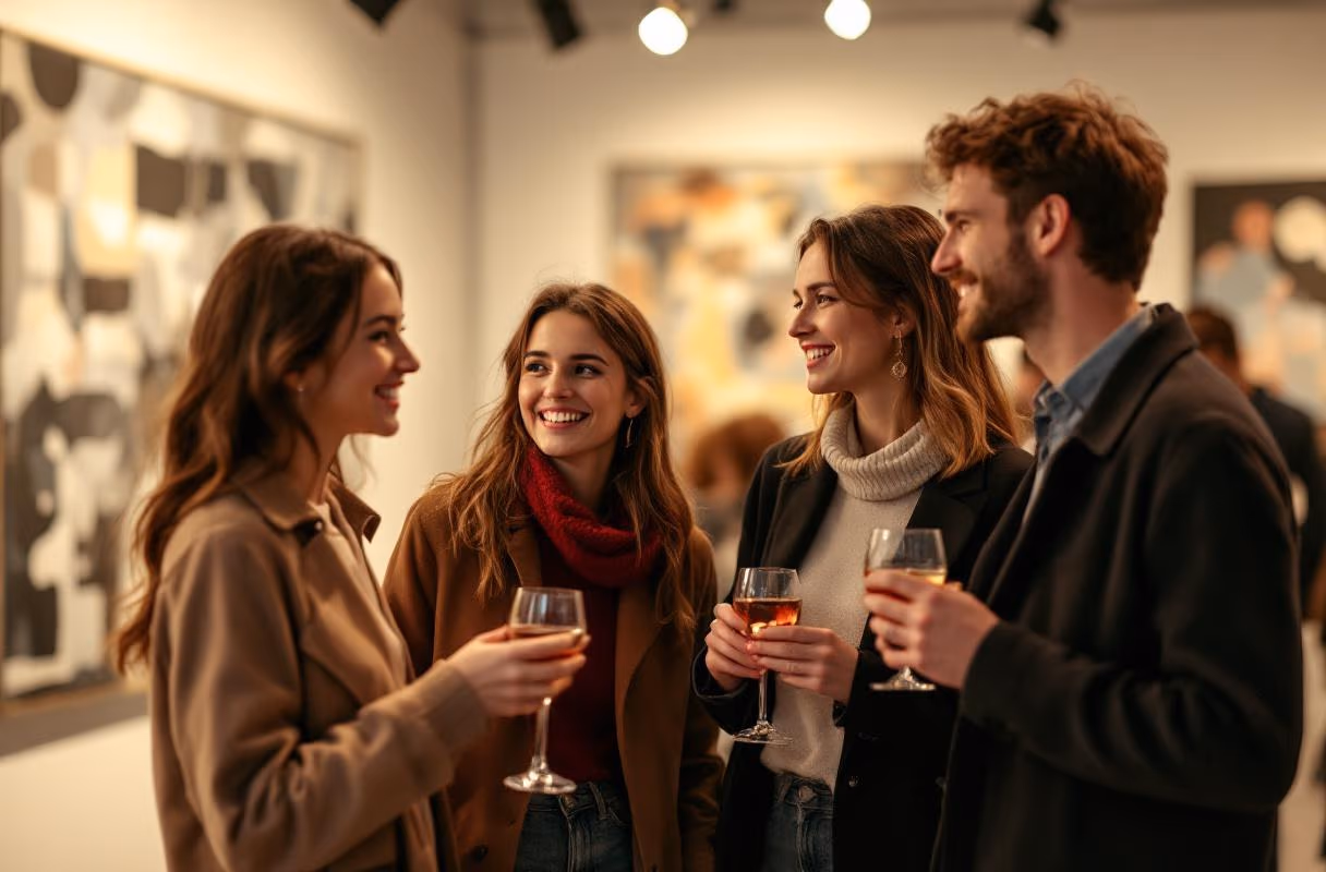 Vier Personen mit Weingläsern auf einer Vernissage in einer Galerie in Ehrenfeld, Köln