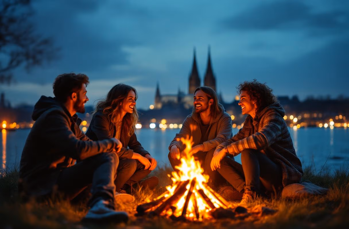 Eine kleine Gruppe an einem Lagerfeuer am Rheinufer in Köln am Abend