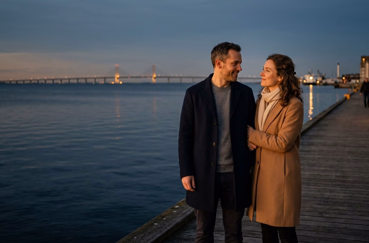 Das Öresundufer in der Abenddämmerung — Malmö gleich über dem Wasser Ein Paar dicht beieinander an der Uferpromenade Kopenhagens in der Abenddämmerung, im Hintergrund die Öresundbrücke
