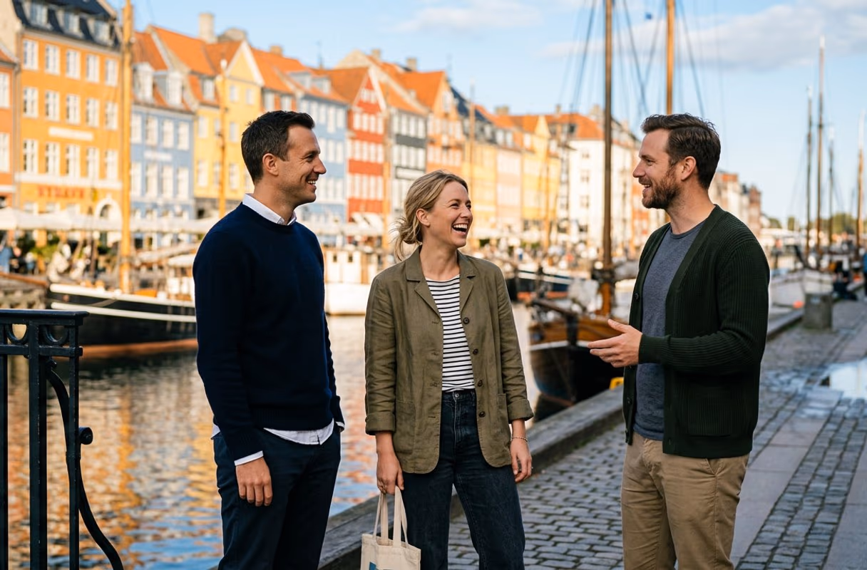 Nyhavn — Kopenhagens offene, entspannte Hafenpromenade Drei Personen im Gespräch an den bunten Kanalhäusern von Nyhavn in Kopenhagen