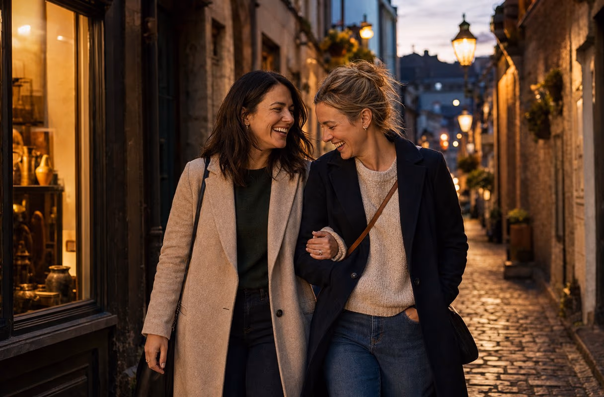Cork nach Sonnenuntergang — kleine Straßen, leichte Gesellschaft Zwei Frauen gehen dicht nebeneinander durch eine laternenbeleuchtete Gasse in Cork in der Dämmerung