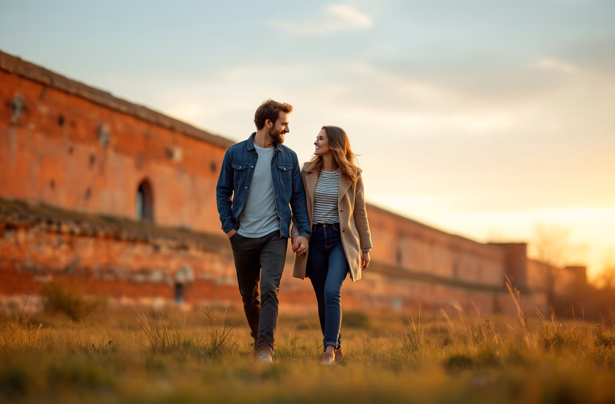 A couple walking the Daugavpils fortress grounds at golden hour