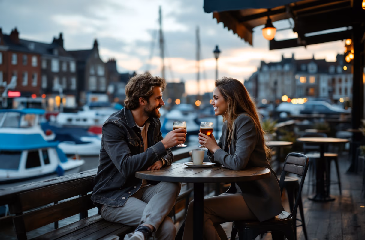 A couple sharing a drink at a relaxed bar in Leith, Edinburgh