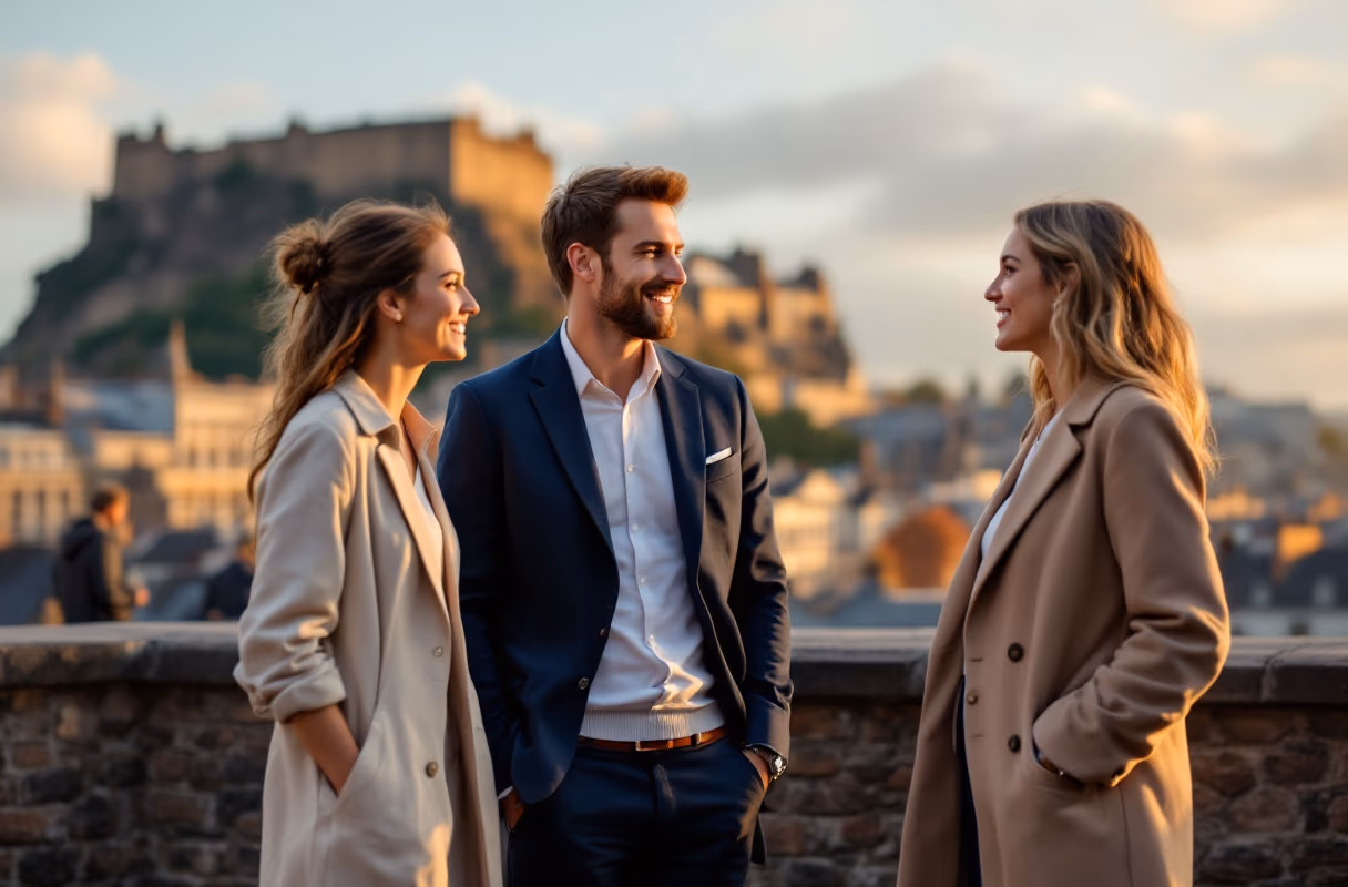 Three people talking on an Old Town terrace with Edinburgh Castle behind them