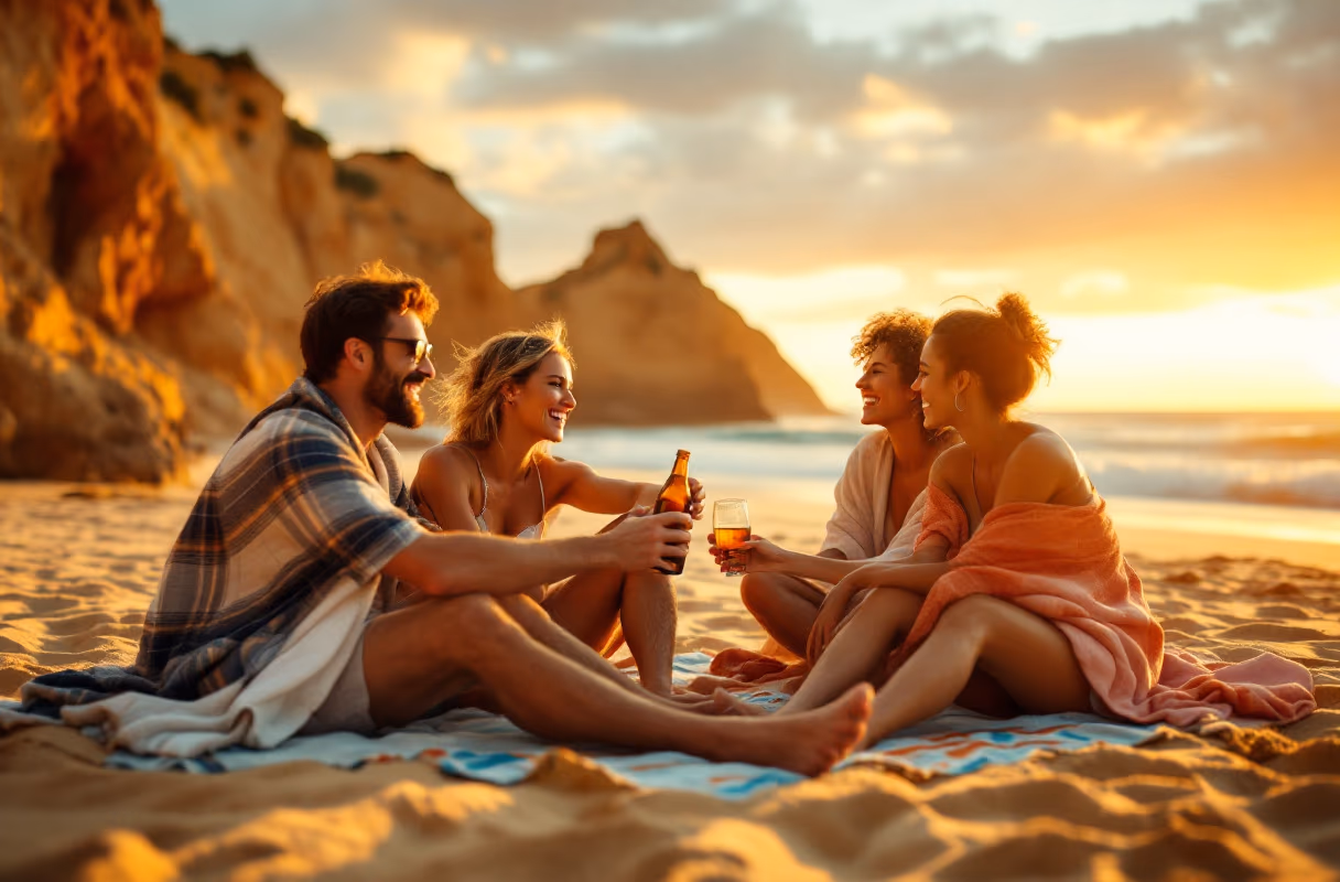Um grupo de amigos a descontrair junto numa praia do Algarve ao pôr do sol