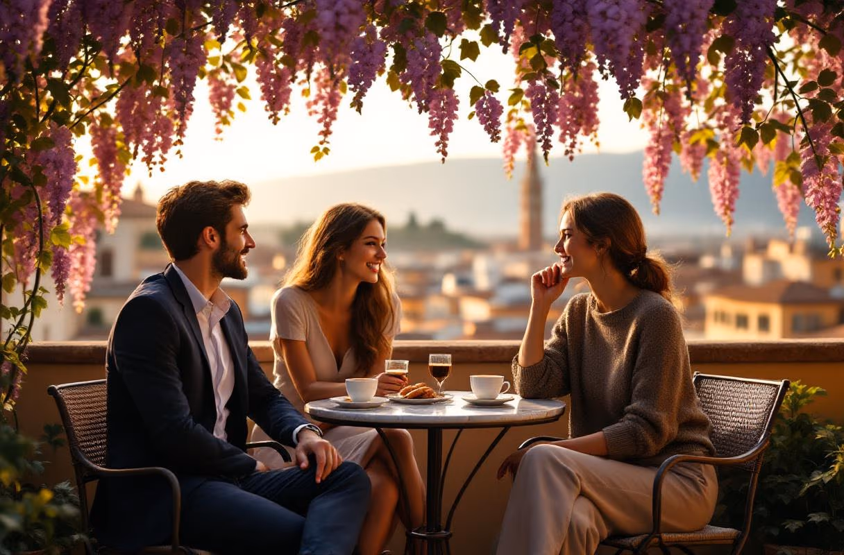 Drei Personen auf einer Florentiner Café-Terrasse am späten Nachmittag mit Blick auf die Dächer