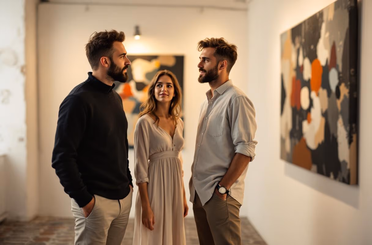 Drei Personen in einer kleinen zeitgenössischen Kunstgalerie im Stadtteil Oltrarno in Florenz