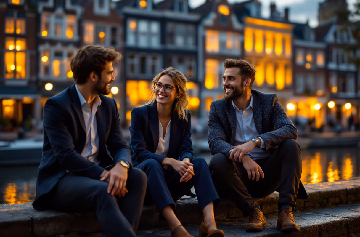 Drie mensen praten aan de Graslei met Gents middeleeuwse gildehuizen achter hen