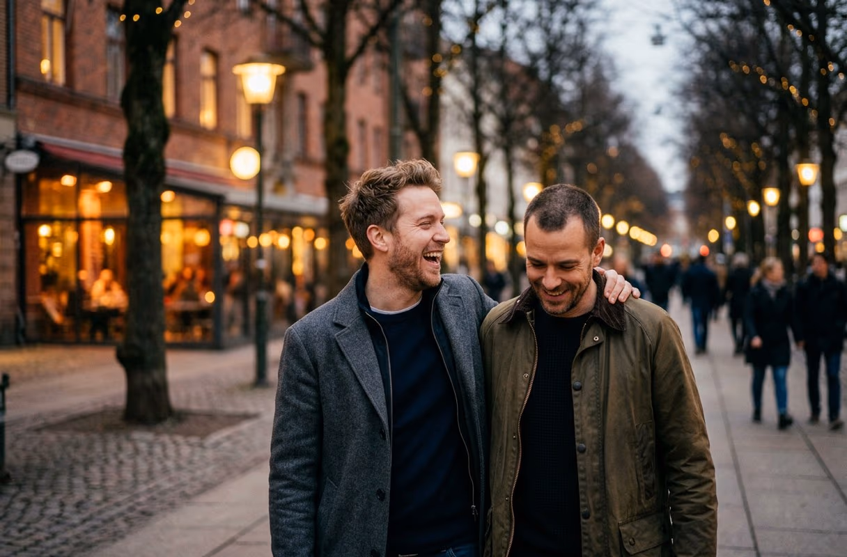 Ein Paar geht dicht beieinander die Avenyn in Göteborg unter den Abendlichtern entlang