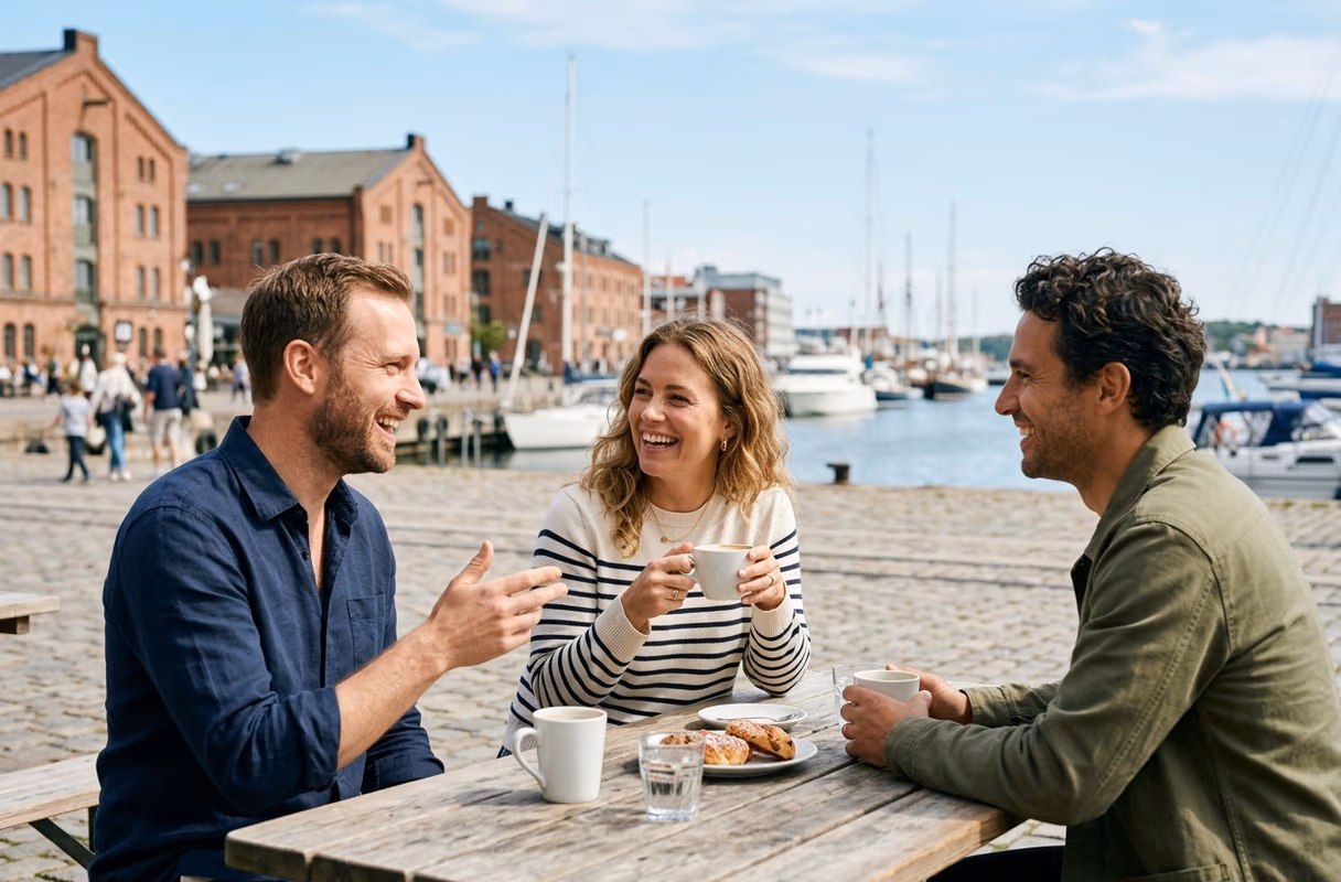 Drei Freunde unterhalten sich in einem Café im Freien am Hafen von Göteborg an einem klaren Tag