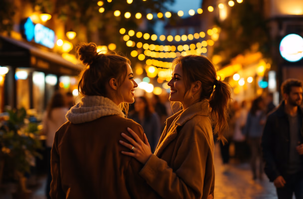 Ein weibliches Paar geht gemeinsam durch die lebhafte Altstadt von Graz bei Nacht