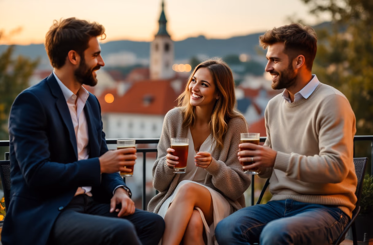 Drei Personen unterhalten sich auf einer Terrasse unterhalb des Schlossbergs in Graz zur goldenen Stunde