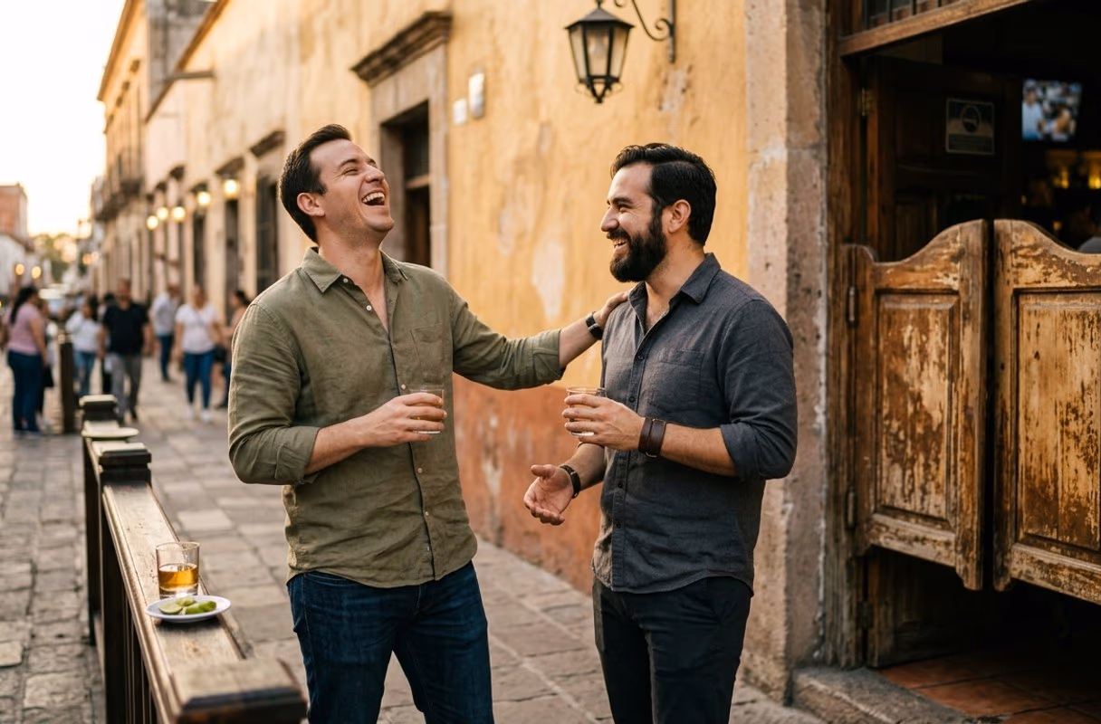 Las cantinas del centro — tradición y vida nocturna lado a lado Dos amigos riendo afuera de una cantina en el centro histórico de Guadalajara con luz cálida de tarde