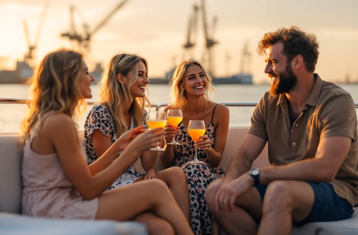 Five people on the wooden deck of a small boat on the Elbe in Hamburg