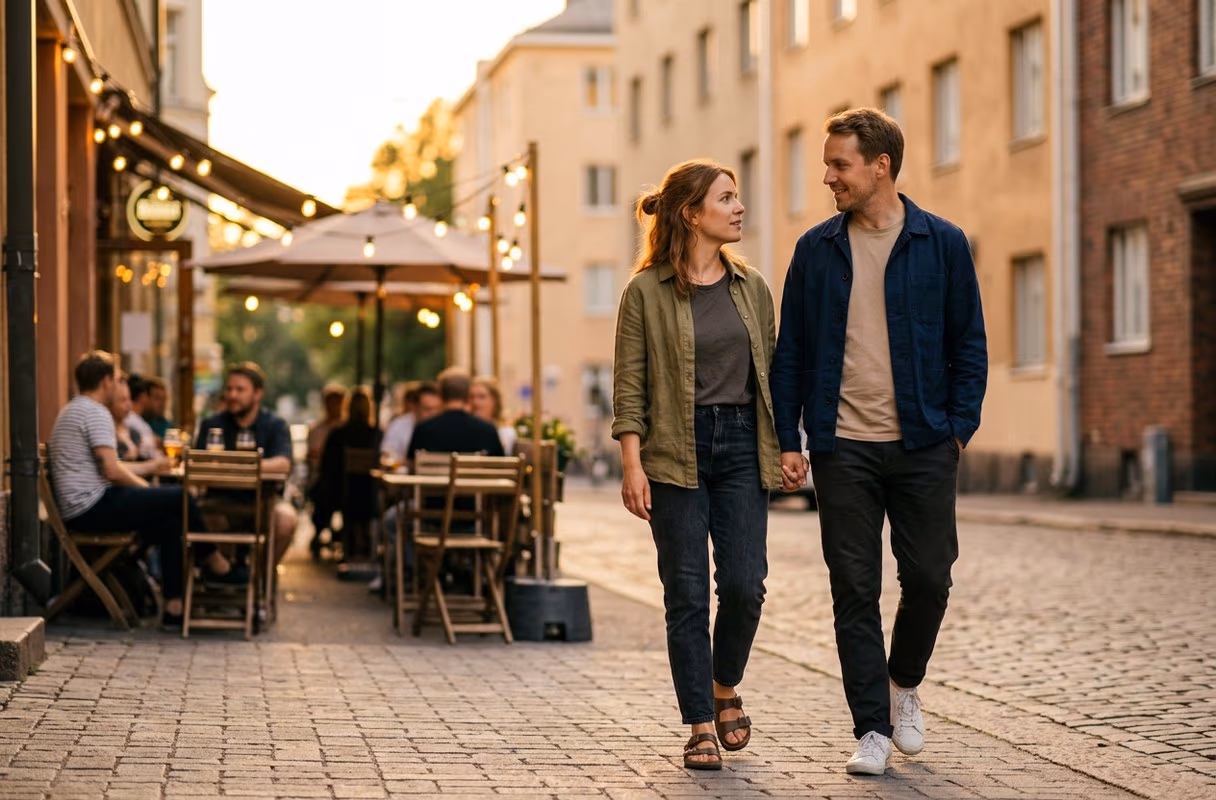 Una coppia che passa davanti al dehors di un bar in una via di Kallio, a Helsinki, in una sera d'estate