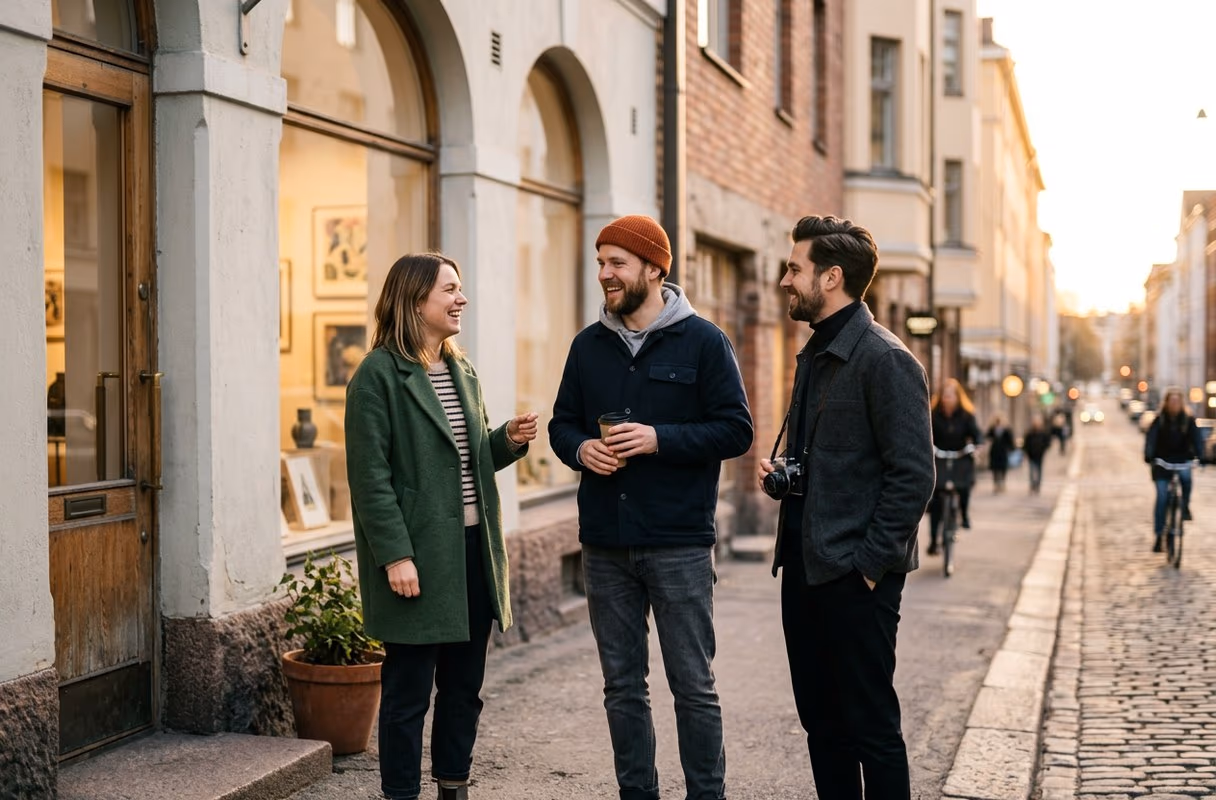 Tre persone che chiacchierano davanti a uno studio di design nel Design District di Punavuori, a Helsinki