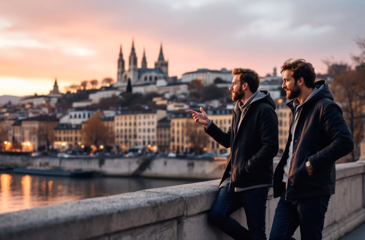 Tre persone su un ponte sulla Saona a Lione al tramonto, la basilica di Fourvière sulla collina sullo sfondo