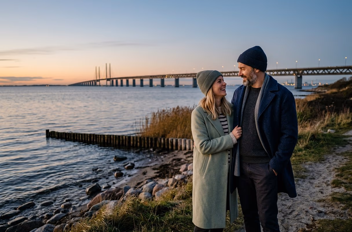 Una pareja junto al paseo marítimo del Öresund en Malmö al anochecer, con el puente a lo lejos