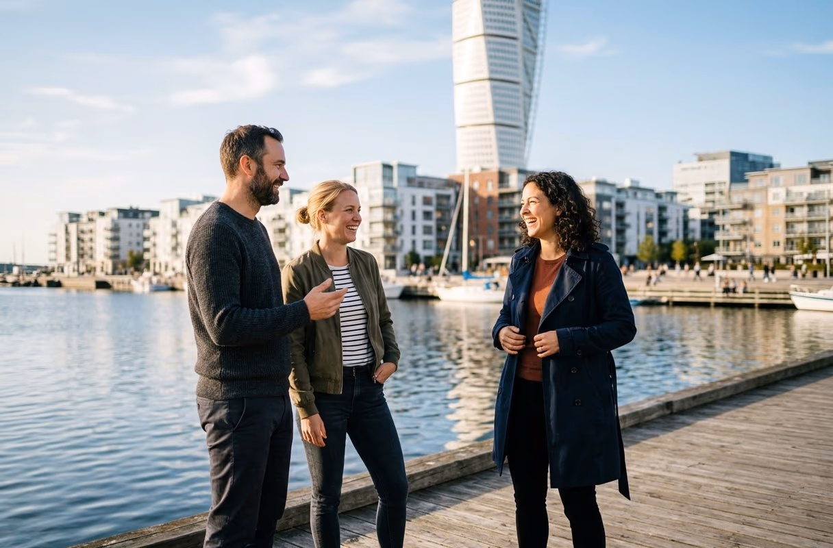 Tres personas charlando junto al agua en el Puerto Oeste de Malmö, con arquitectura moderna al fondo
