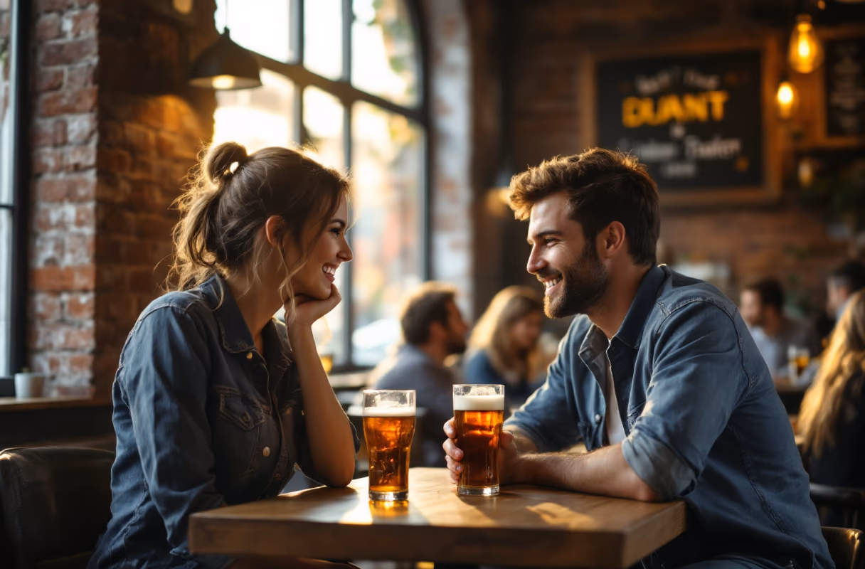 A couple sharing a drink at an independent bar in Manchester's Northern Quarter