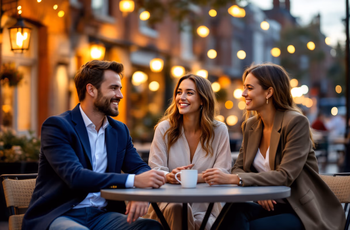 Three people talking outside a bar by the canal on Canal Street, Manchester