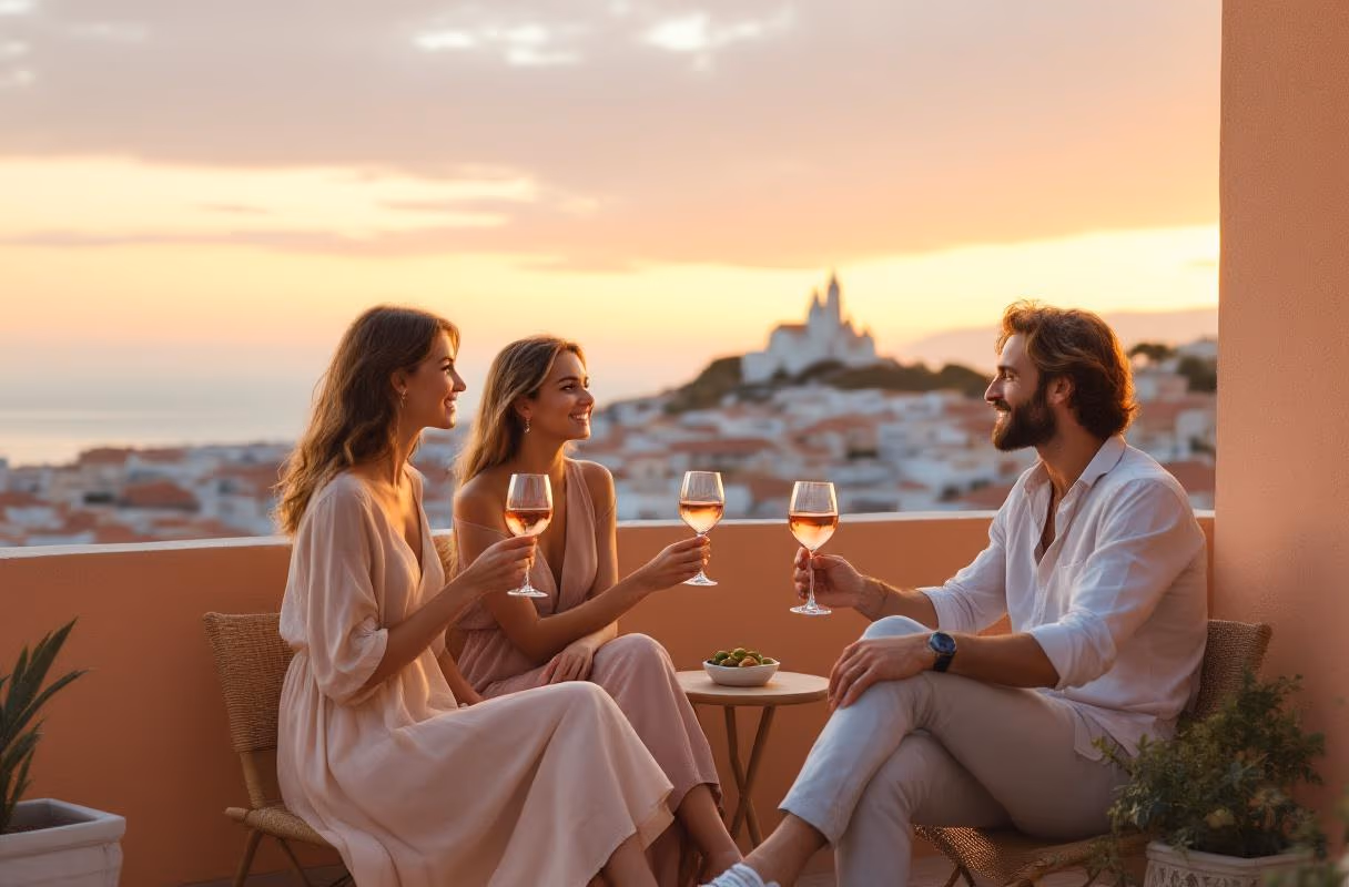 Tre persone su un tetto del Panier a Marsiglia al tramonto, Notre-Dame de la Garde sulla collina sullo sfondo