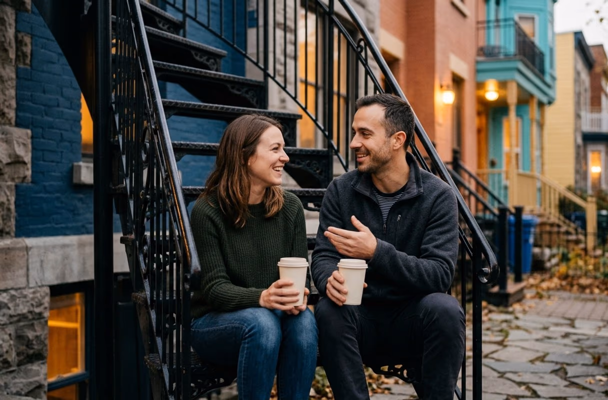 The Plateau at dusk — Montreal's unhurried evenings A couple talking on the wrought-iron staircase steps of a Plateau townhouse in Montreal at dusk