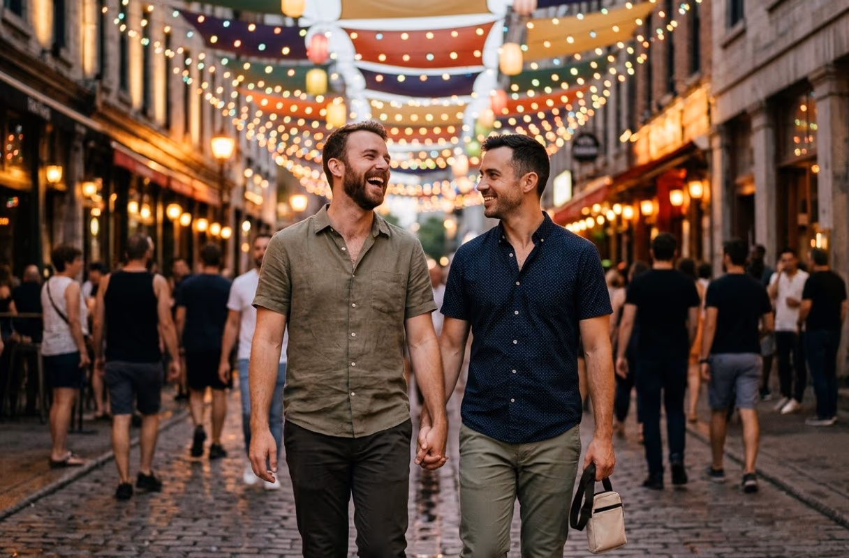 Le Village — decades of openness, still the heart of it Two men talking under the hanging lights of a pedestrian street in Montreal's Village in the evening