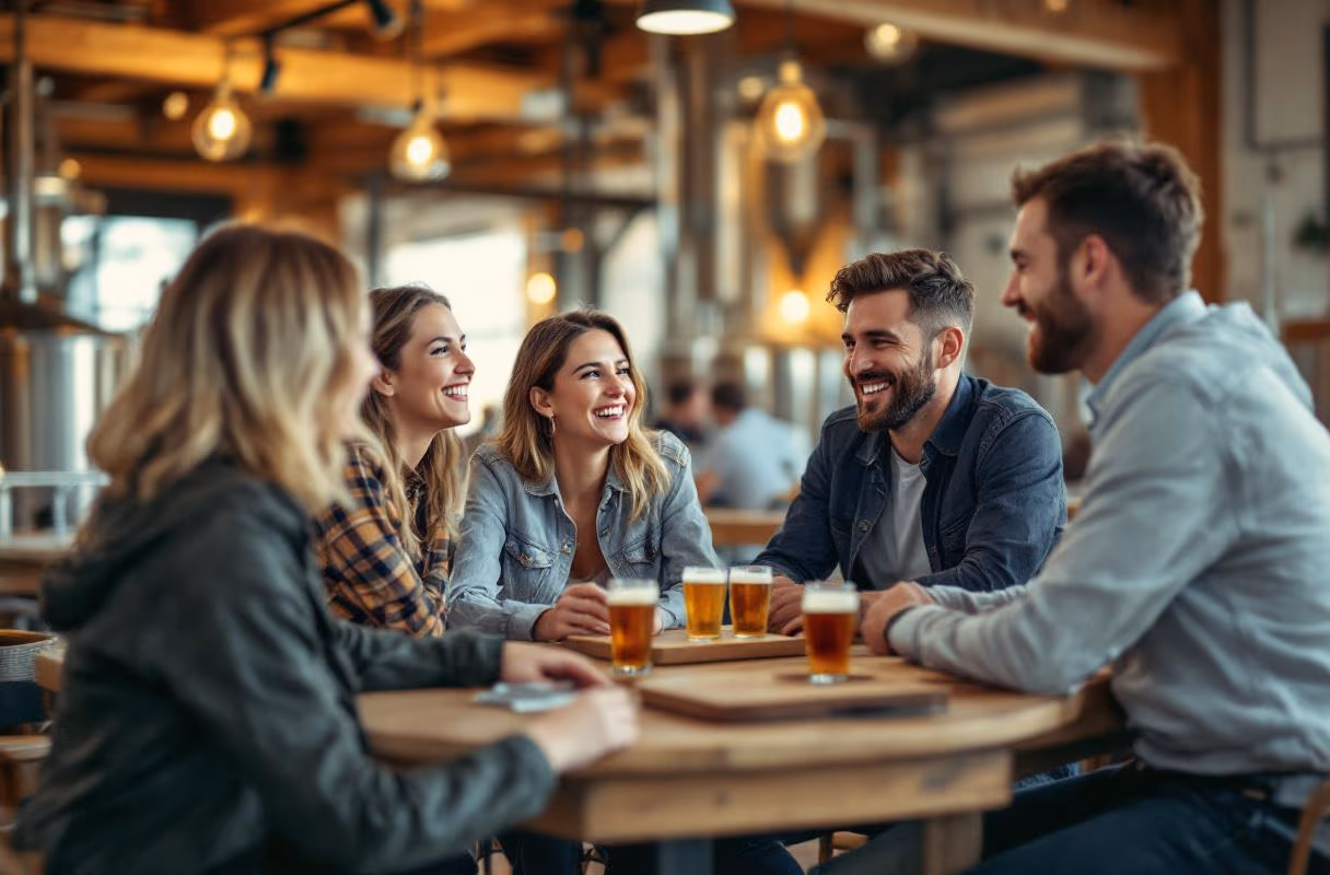 Vier Personen an einem hohen Tisch in einer Craft-Brauerei in München am Abend