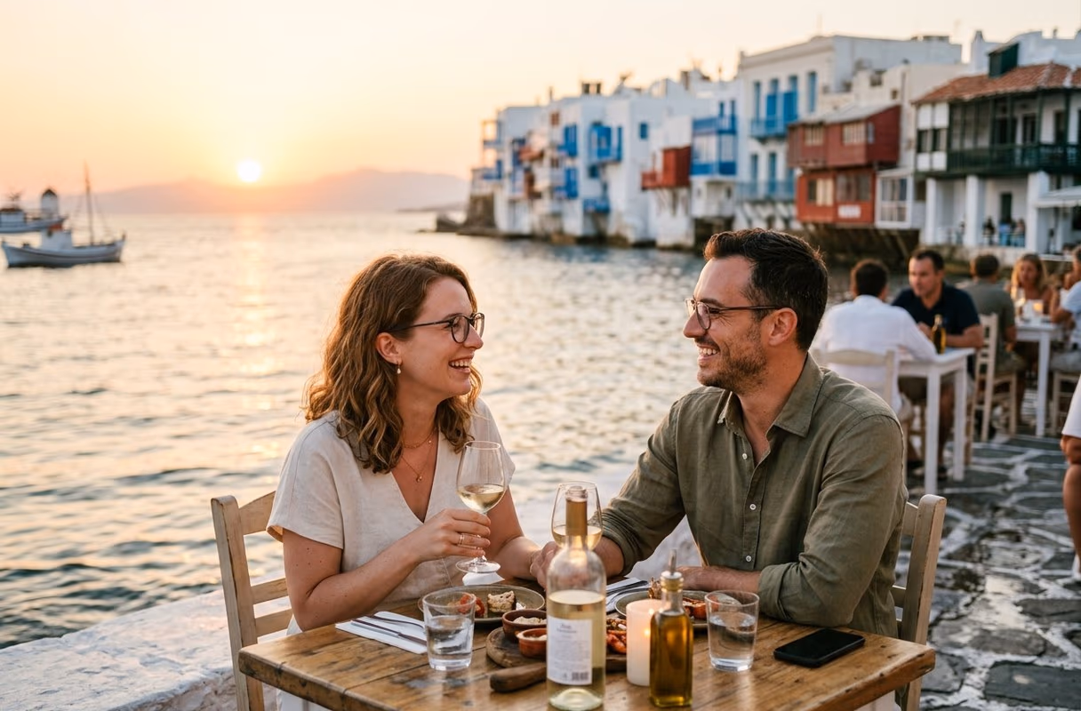 Una pareja con copas en una mesa junto al mar en la Pequeña Venecia de Míconos, al atardecer