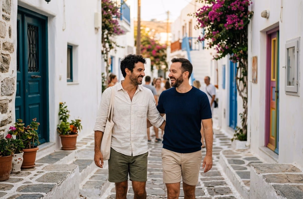 Dos hombres conversando en un callejón encalado del casco antiguo de Míconos, con luz de media tarde